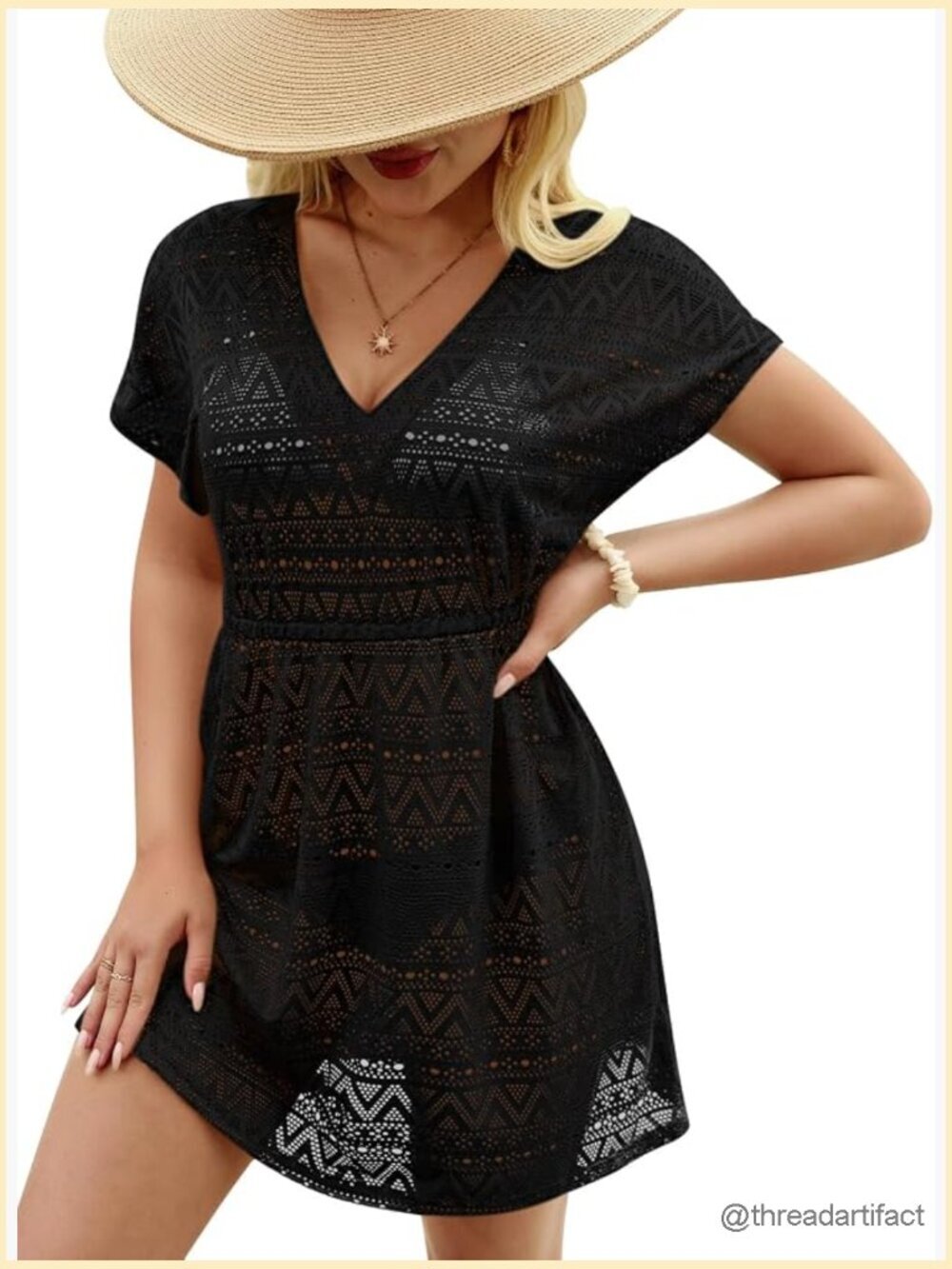 Crochet V Neck Elastic Waist Bathing Suit Coverup Short Sleeve Beach Dress